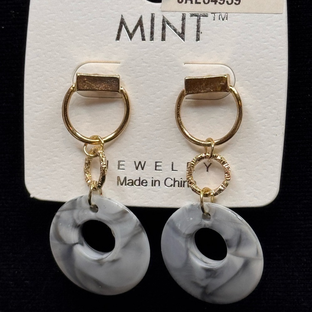 Mint Gold Tone & Marble Drop Earrings, 2” - Picture 5 of 7
